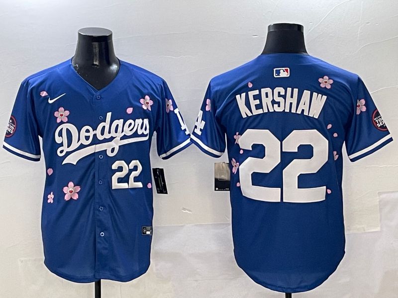 Men Los Angeles Dodgers 22 Kershaw Blue Sakura Edition 2025 Nike MLB Jersey style 4